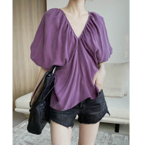 Summer minimalist French front and rear V-neck jin mouth copper ammonia silk comfortable lazy wind bubble sleeve shirt women loose top