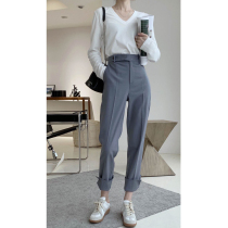 Autumn new pair wear a button long waist head thin glossy suit pipe pants womens nine casual pants