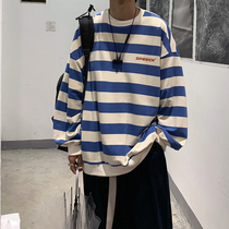 2021 Spring and Autumn Mens Striped Long Sleeve T-shirt Loose Tide Brand ins Harajuku bf Style Top Men