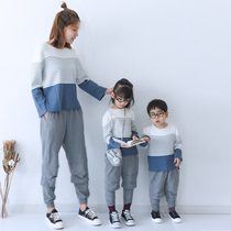 2021 spring and autumn new Japanese parent-child outfit mother and son original blue striped sweater gray pants mother and daughter suit