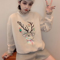 Plus velvet sweater womens loose Korean version pullover thickened wild half-high collar fake two-piece embroidered fawn short top tide