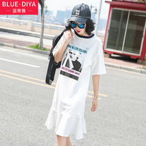  2021 summer Shangxin short-sleeved fishtail thin dress character printing thin loose Korean skirt Harajuku style