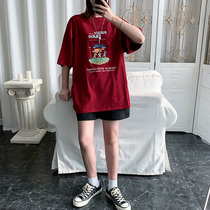  Summer 2020 new womens mid-length American wine red short-sleeved T-shirt womens Korean loose net red Hong Kong style top