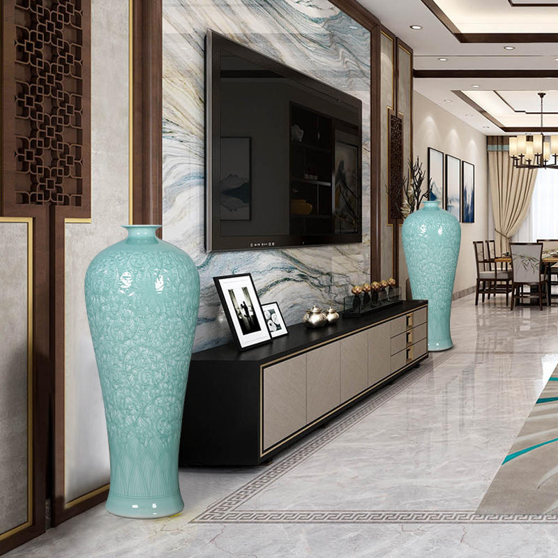 Jingdezhen ceramics craft blue glaze anaglyph large vase landed furnishing articles of new Chinese style home sitting room adornment