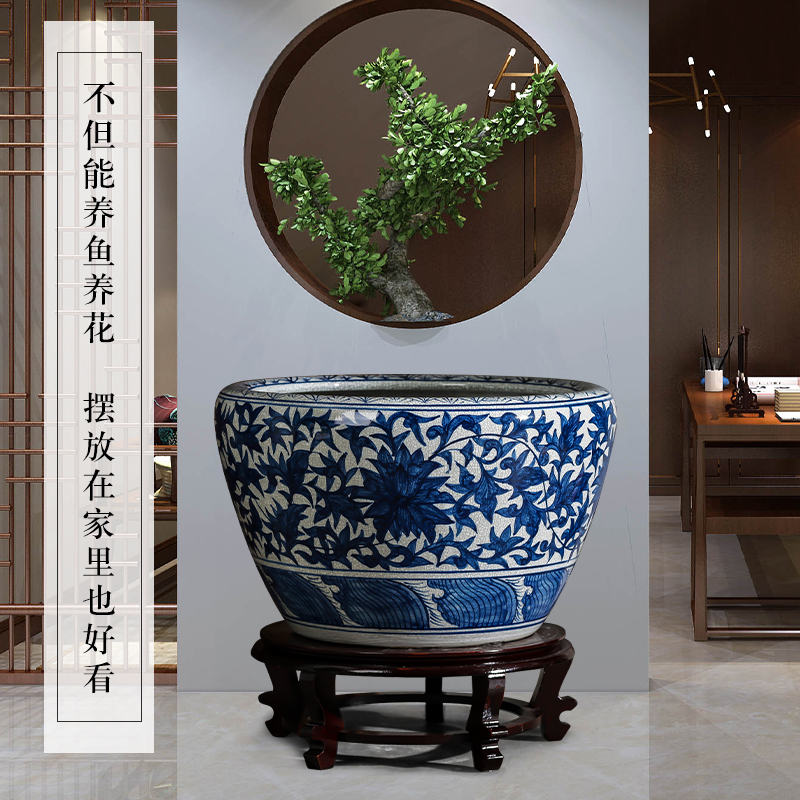 Jingdezhen ceramics hand - made archaize royal goldfish bowl of blue and white porcelain basin of water lily lotus garden furnishing articles sitting room