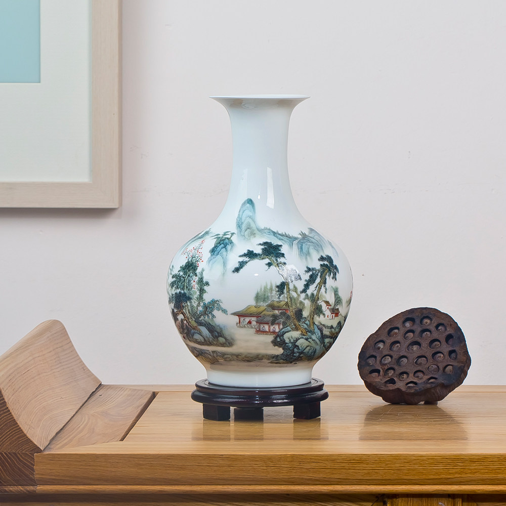 景德镇陶瓷器山川秀色三件套花瓶盘子现代时尚中式家居装饰品摆件