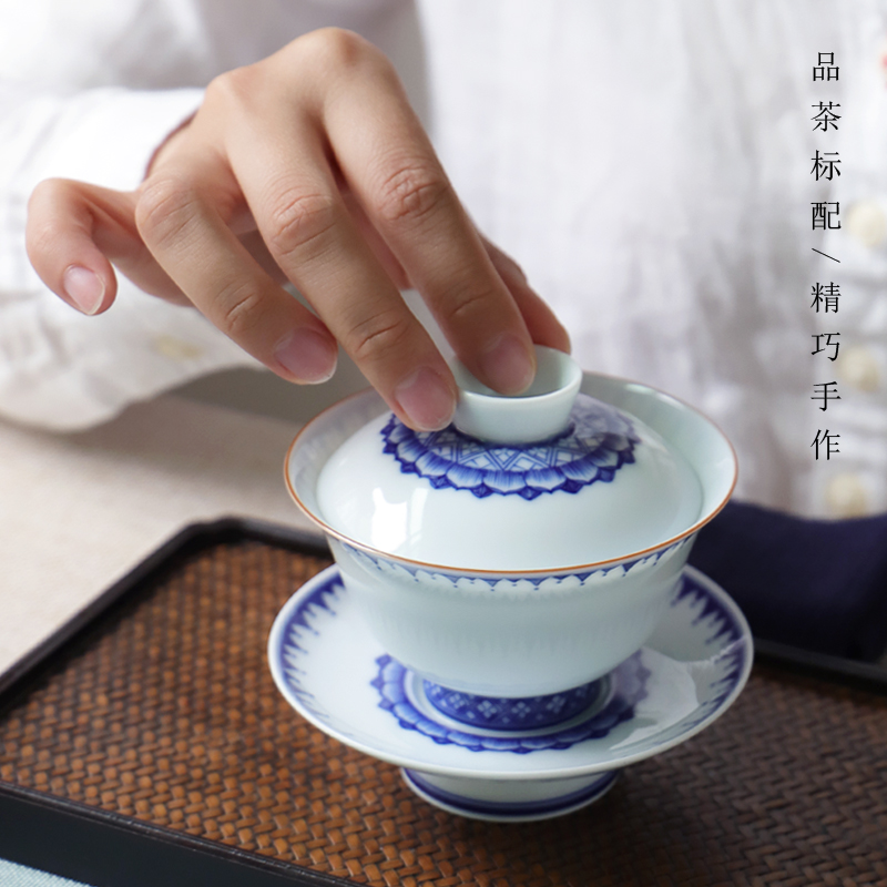 Jingdezhen blue and white porcelain manually tureen large three cups to make tea bowl thin foetus hand - made lotus kung fu tea set