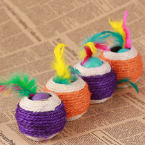 Sound pet sisal cat toy natural sisal cat catch ball two double hole ball with feather
