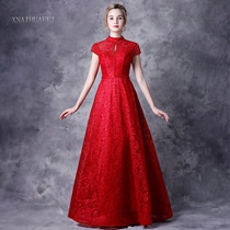 Wine red turtleneck dress womens new short-sleeved retro back door bride wedding dress annual meeting elegant evening dress