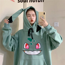 Large size fat MM loose plus velvet cartoon ear coat academic style cute student sweater girl base shirt