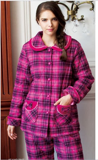 美标睡衣 女装秋冬新款梭织全棉格子玫红棉袄夹棉保暖家居服45449_7折