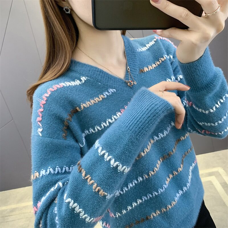 秋冬新款 v领针织毛毛夹色长袖套头夹色女装毛衣