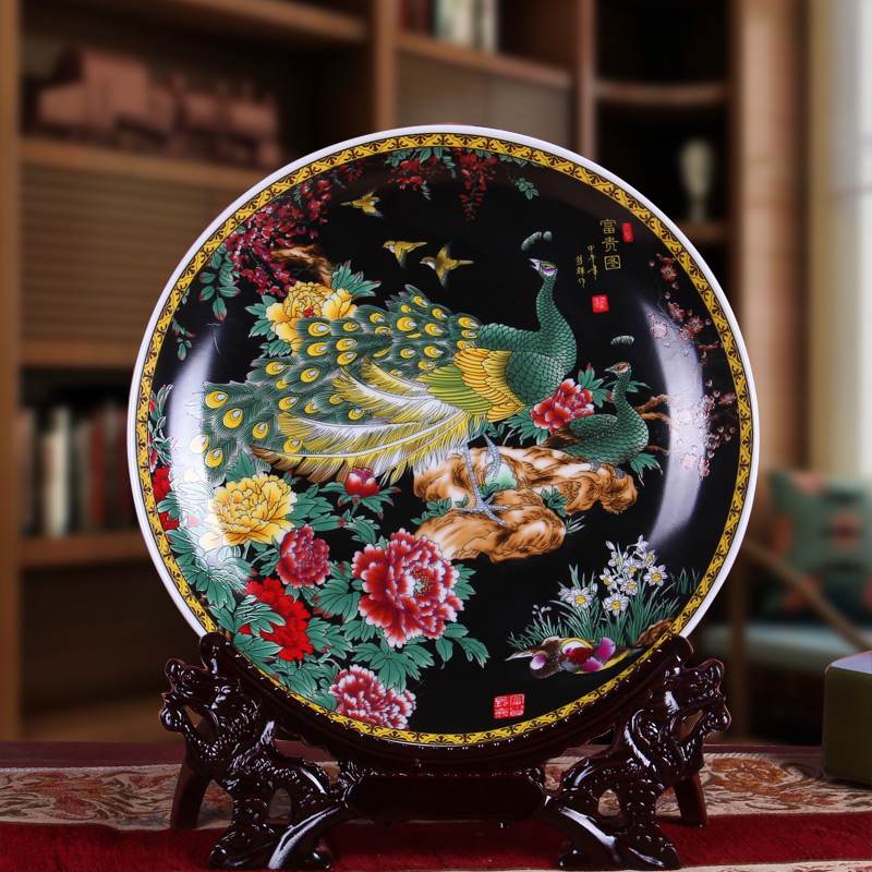 Jingdezhen ceramics yellow peacock peony hang dish decorative plate modern household adornment handicraft furnishing articles