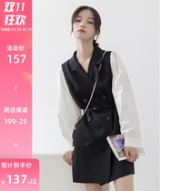 GUIER suit dress 2020 new stitching shirt sleeve belt waist slim temperament skirt women