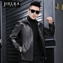 Jelanka Haining men mens leather hooded sheepskin leather jacket mens leather slim casual jacket