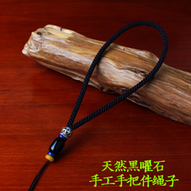 Hand woven four mm coarse corn knot natural obsidian beeswax 925 silver handle hanging rope