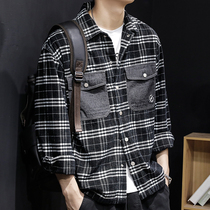 Black Plaid Shirt Jacket Man Fall Loose Tide Sign Big Code Tide Fatter Chubby Spring Autumn Casual Tooling Jacket Long Sleeve