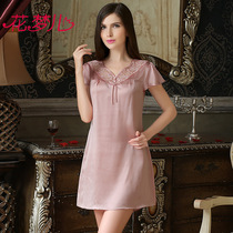 Flower Menger 100% Silk Nightdress Women Summer Short Sleeve Silk Pajamas Sexy Mulberry Silk Lace Home Clothes Thin