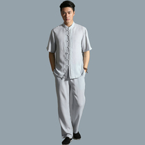 Minni also summer Chinese style suit mens large size thin cotton linen Tang suit Han clothing youth Zen clothing two-piece set