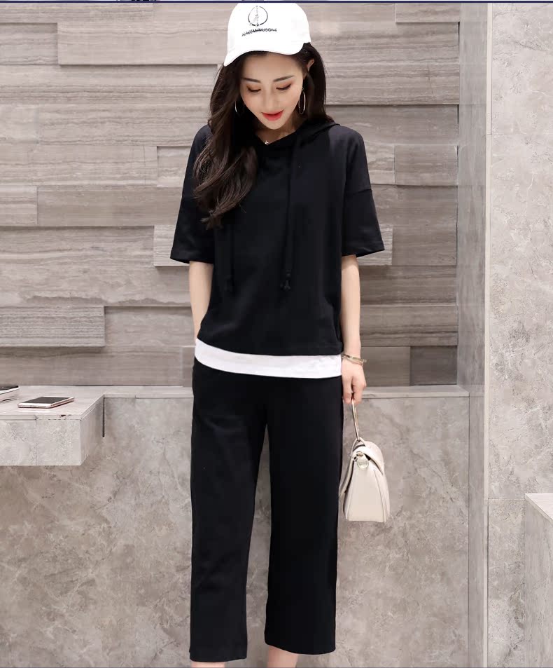 阔腿裤套装女纯色大码短袖七分裤两件套连帽宽