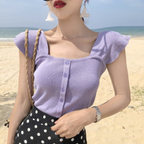 Korean version of chic square collar heart machine with short Hong Kong flavor purple suspender bandeau top knitted small vest women outside