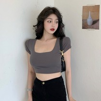Short T-shirt 2021 New temperament simple small Sexy big square collar open heart machine navel tight slim top