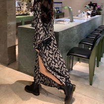 Right meter 2021 Spring and Autumn new vintage black dress skirt high waist temperament split flower skirt female summer dress