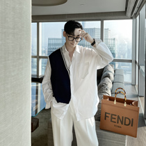 (VERA KANE) Korea ins casual loose personality trend wool paneling contrast design long-sleeved shirt