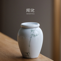 Heard) Hand painted green bamboo tea leaf jar Jingdezhen Town Artisanal Glaze Lower Color White Porcelain Small ceramic storage tea storage