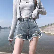 Shorts womens 2021 new hyuna style high waist five-point pants thin straight loose pants fashion ripped jeans