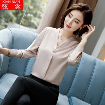 Business wear white shirt Womens fashion femininity V-neck top Long sleeve shirt shirt female design sense niche