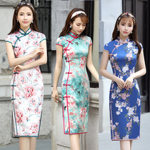 New printed flower imitation silk long modified cheongsam dress girl cheongsam daily dress dress