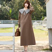 Autumn Winter Pregnant Woman Long Sleeve Dress With Dress Flap Collar Imitation Material Long Skirt Loose Korean version of pure color warm dress Pregnancy Woman Dress