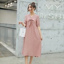 Pregnant Women summer dress short sleeve solid color long V collar skirt wear fashion Korean version of loose tide maternity dress