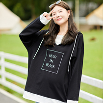 Pregnant woman autumn and winter necropolis with long sleeves Even cap loose large code blouse Korean version embroidered letter Spring and autumn style 100 lap two sets