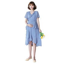 Pregnant woman dress summer polka dot short sleeve chiffon long skirt Korean loose V-neck hem irregular skirt