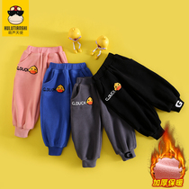 Little yellow duck girl plus velvet sweatpants autumn and winter wear 2021 new childrens winter clothes thick baby casual pants