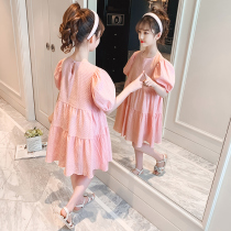 Girls Bubble Sleeve Dress Summer 2021 New Medium Children Sweet Pure Color Princess Dress Girls Fashion Skirt