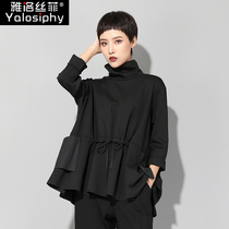 European and American Early Autumn New Womens Fashion Ins Wind Spring Autumn Season Dark Black Long sleeves T-shirt easing with long display of thin blouses