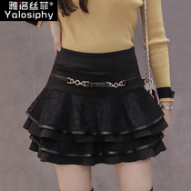 Autumn Winter New Short Skirt Woman half body dress Walk Light Fluffy Skirt slim cake Skirt Lace Side Little Black Dress Underskirt