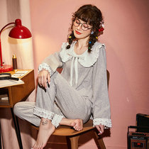 Pajamas female spring and autumn long sleeve cotton two-piece suit light gray Korean sweet cute lace princess style home clothes