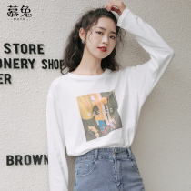 ins printed white design sense long sleeve T-shirt female autumn 2021 New Korean loose cotton top base shirt tide