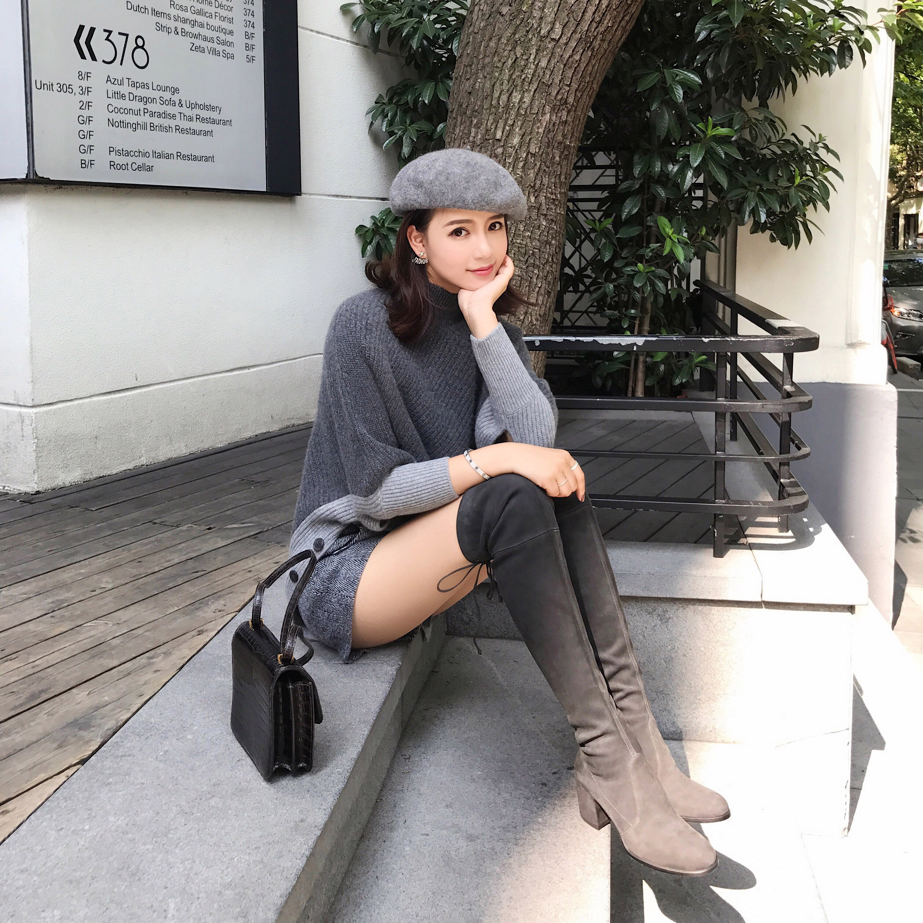 葡萄妈studiolee显瘦弹力过膝靴长筒女靴2017秋冬真皮单靴高跟7cm_不