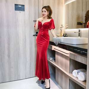 New long dress fishtail banquet style velvet toast Dress Bridal Evening Dress