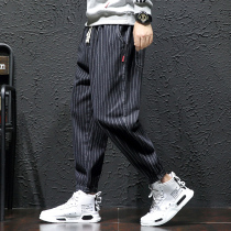 Hong Kong style striped nine-point denim mens pants plus fat plus size loose fat man toe 15-year-old boy Tide brand Haren pants