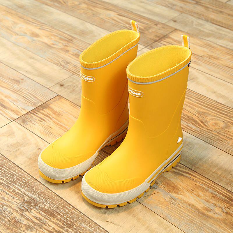 儿童雨鞋外贸橡胶中筒水靴中大童男童女童雨靴正黄色宝宝水鞋微疵