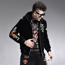 Winter new mens fur sheep cut wool coat tide letter embroidery short hooded thick one wool coat