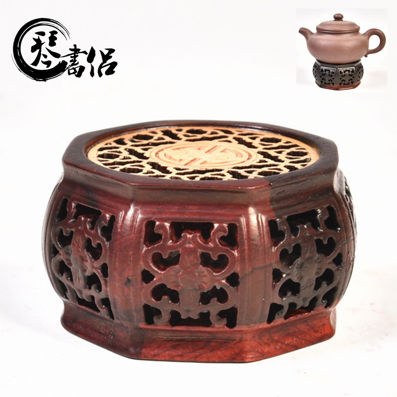 Pianology picking red acid branch set by huang hollow - out octagon incense buner base solid wood, heightening annatto handicraft furnishing articles base