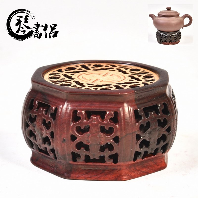 Pianology picking red acid branch set by huang octagonal place flowerpot hollow - out handicraft mahogany base it base