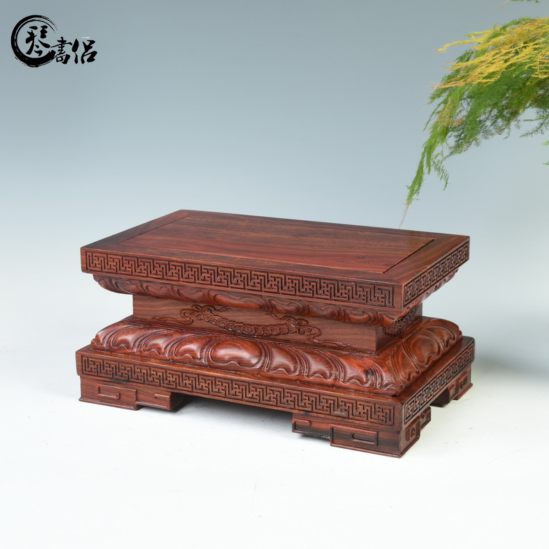 Lotus red wingceltis woodcarving guanyin Buddha base solid jade stone furnishing articles base with rectangular wooden Buddha